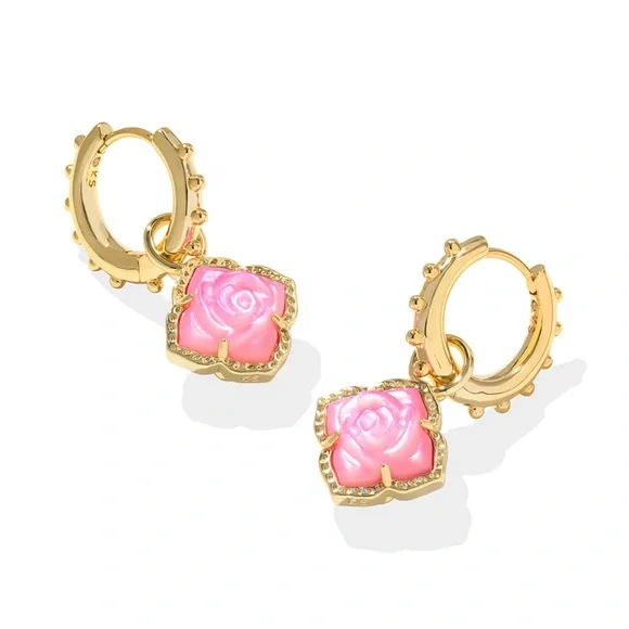 NWT Kendra Scott Mallory Gold Huggie Convertible Earrings in Blush Roses - Picture 1 of 12